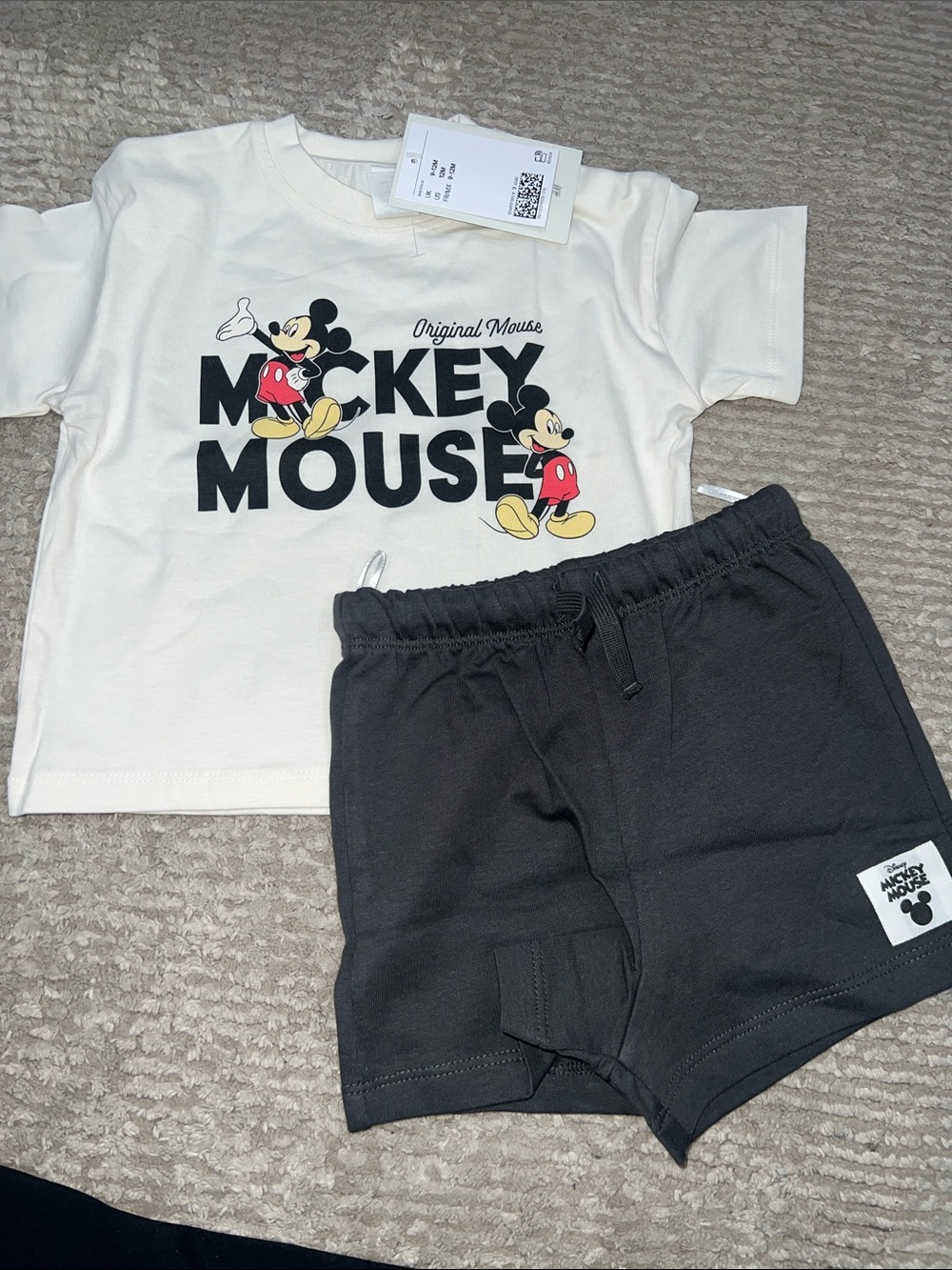 H&M- Mickey Mouse Graphic Tee and Black Shorts Set - White & Black